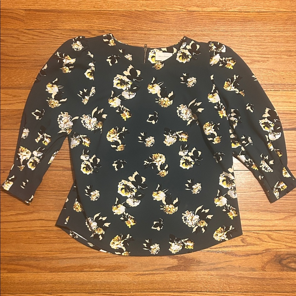 Melloday green Puff-Sleeve Blouse with Yellow and White flowers, M